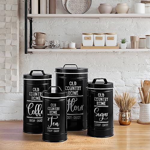 Black Canisters Sets for the Kitchen, Airtight Kitchen Canisters for Countertop, Flour and Sugar Containers, Tea Coffee Sugar Canister Set, Black Kitchen Decor and Accessories, Set of 4