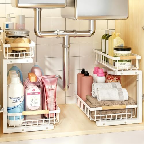 Under Sink Organizer, White 2 Pack Height Adjustable