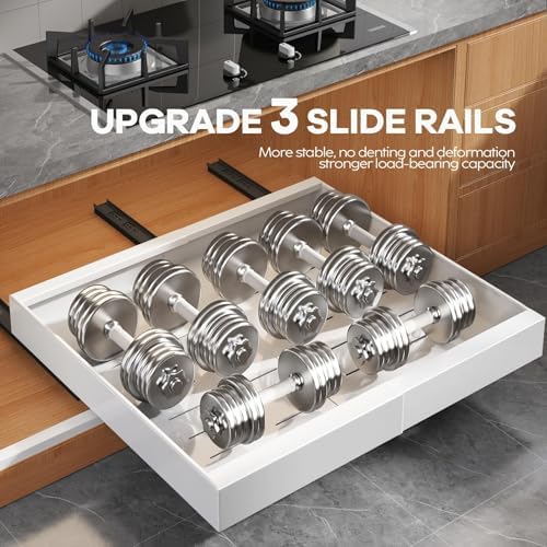 2 Pack Pull Out Cabinet Organizer for Wide Cabinets,Expandable 15.1"-26.3" Width,21" Deep Slide Out Drawers With Raising Pad for Framed Cabinets,3 Slide Rails,No Drill Roll Out Shelves,White