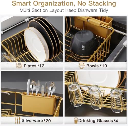 Gold Dish Drying Rack in Sink, Dish Drainer with Utensil Holder