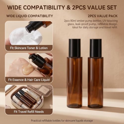 2 PCS 80/2.7oz Amber Glass Travel Bottles with Black Pump, Leakproof Lotion Dispenser for Essential Oil, Cream, Shampoo, Body Wash & Travel Toiletries - Image 6