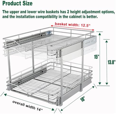 2 Tier Pull Out Cabinet Organizer (14" W X 18" D), Double Tier Wire Basket Slide Out Shelf Storage for Kitchen Base Cabinet Organization ​for Kitchen, Pantry, Bathroom, Chrome