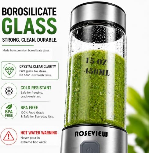 Portable Smoothie Blender ROSEVIEW Glass Cordless Mini Shakes Cup blend for smoothies USB rechargeable juicer 2 battery Handheld Personal travel Jet mixer (Black Steel) - Image 3