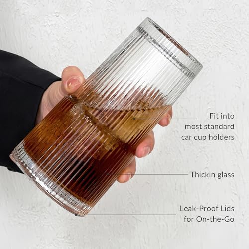 4 Pack Glass Cups with Lids and Straws, 20oz, Ribbed Pattern