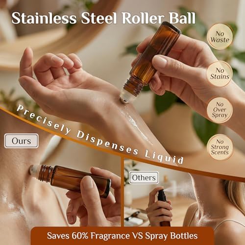 PrettyCare 12 Pack, 10 ml Essential Oil Roller Bottles with Stainless Steel Roller Ball - Refillable Leak-proof Empty Thick Amber Glass Roll on Bottles with Wooden Caps for Travel, Perfume - Image 6