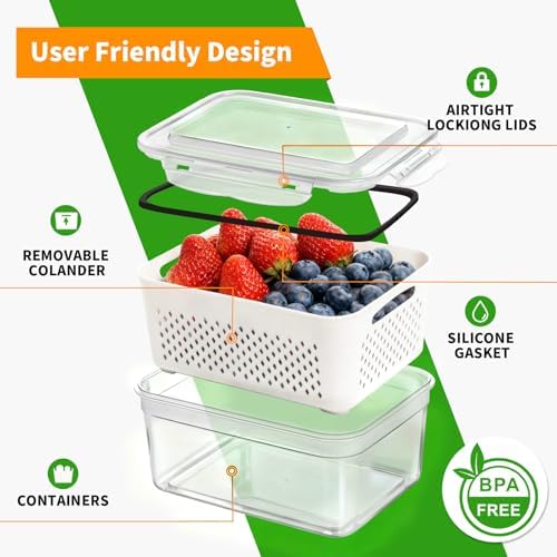 Fruit Storage Containers for Fridge with Removable Colander, 5-Pack