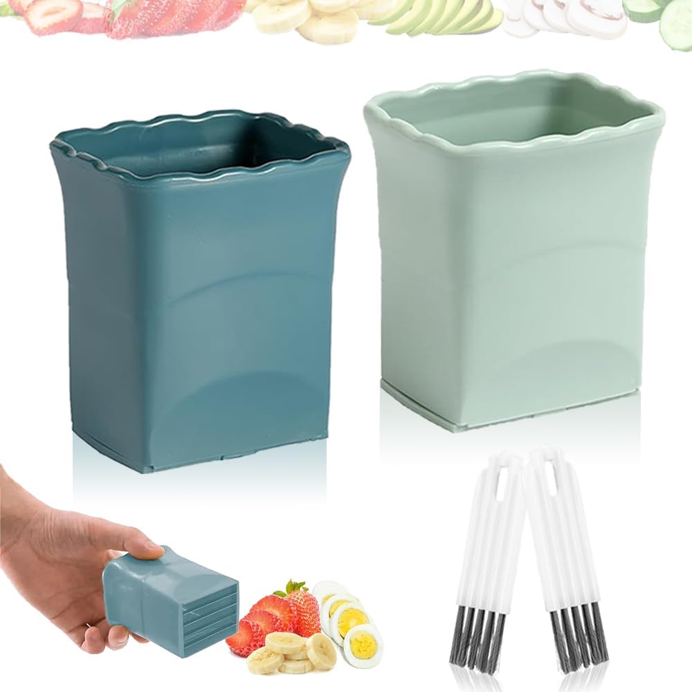 Fruit Slicer Cup 2 PCS, Egg Cutter, Strawberry Banana Chopper, Creative Kitchen Gadget for Making Vegetable Salad, Dishwasher Safe (Green + Blue), 8.5cm