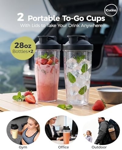 ICUCINA - 28 Oz Blender Cup Replacement with To-Go Lids, Cups for Protein Shakes, BPA Free Smoothie Cups (Pack of 2) - Image 3