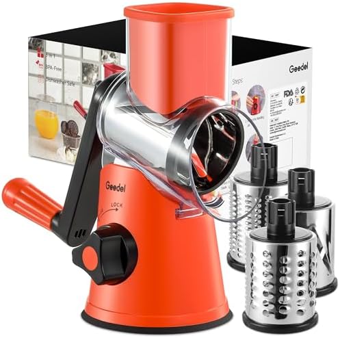 Geedel Rotary Cheese Grater, Kitchen Mandoline Vegetable Slicer with 3 Interchangeable Blades, Easy to Clean Rotary Grater Slicer for Fruit, Vegetables, Nuts by Geedel
