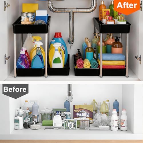 2-Tier Under Sink Organizer with Smooth Rolling Wheels, Pull-Out Bottom Storage Drawer with Easy-Lift Handle, Metal & Plastic Sliding Cabinet Organizer for Kitchen & Bathroom, Black, 2 Pack