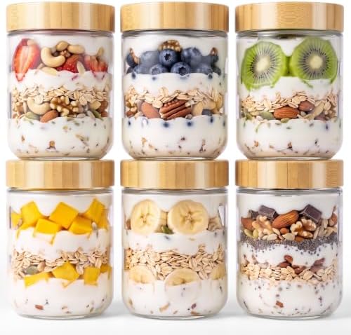 Overnight Oats Containers with Bamboo Lids, 16 oz Leakproof Glass Jars
