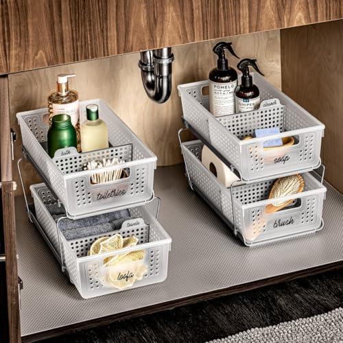 2 Tier Organizer, Under Cabinet Storage with Pull Out Sliding Drawers, for Cleaning Supplies, Pantry, Undersink, Sponges, Bottles & Bath, Pull Out Baskets, Frost 2 PACK