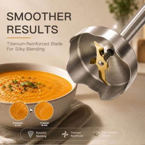 3‑in‑1 Immersion Hand Blender, 12‑Speed Titanium Stainless Steel Stick Blender with Whisk & Milk Frother