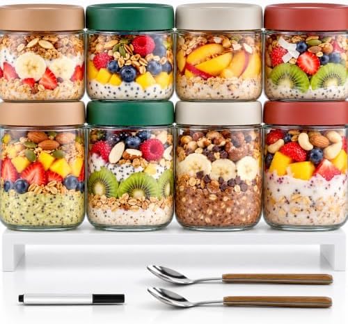 8 Pack Overnight Oats Containers with Lids, Large & Small Glass Mason Jars 16oz & 10 oz, Breakfast Oatmeal Container to Go, Salad Meal Prep Jars for Food Storage, Mush Chia Seed Pudding Jars