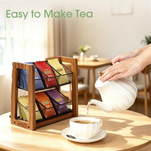 2 Tier Tea Organizer for Tea Bags with 6 Removable Metal Baskets