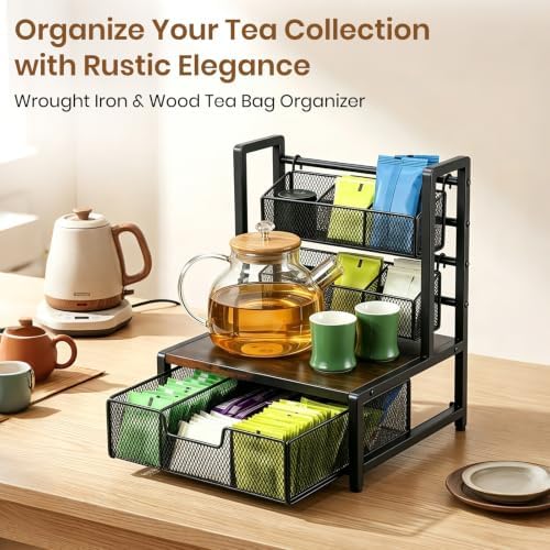Tea Bag Organizer 3 Tier Wood Tea Organizers and Storage Drawer