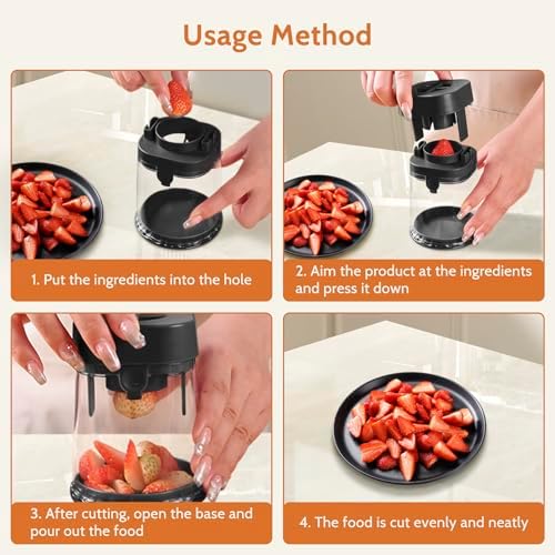 Fruit Slicer Cup, Strawberries,Grapes, Eggs, Cucumber carrot Even Pieces in Seconds - Detachable Cutter with Push Plate (Black) - Image 3