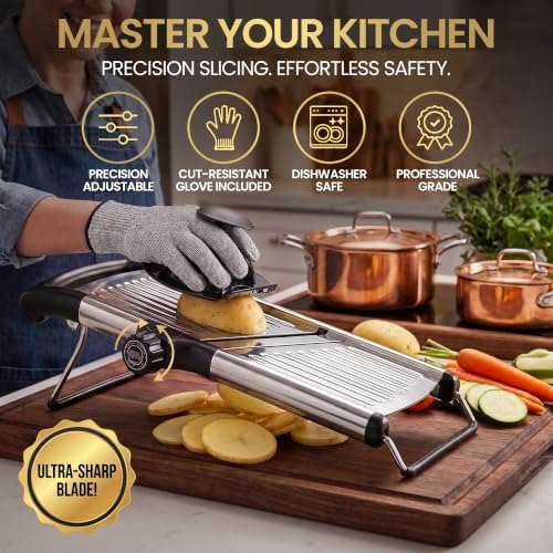 SAFI Mandoline Slicer for Kitchen, Adjustable 3-9mm Stainless Steel Vegetable Slicer with Julienne Blade, Non-Slip Base, Safety Hand Guard, Cut-Resistant Gloves & Brush – Potato, Onion & Fruit Cutter.