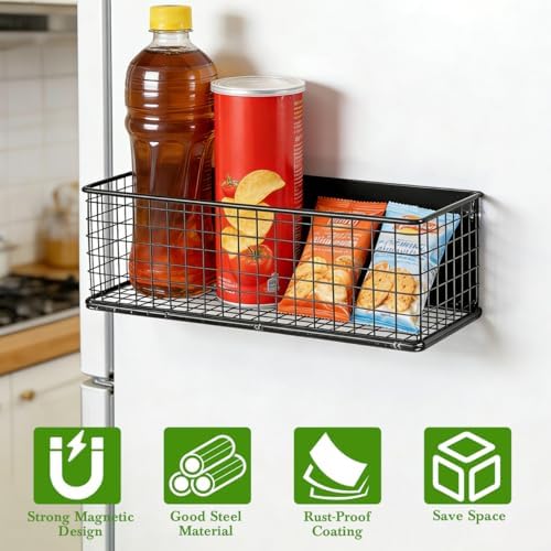 Magnetic Spice Rack for Refrigerator Door Fridge Magnetic Rack Storage Holder Stainless Steel Seasoning Spice Mesh Basket Kitchen Organizer for Spices Tools Snacks 9.64 X 3.93 X 3.14 in