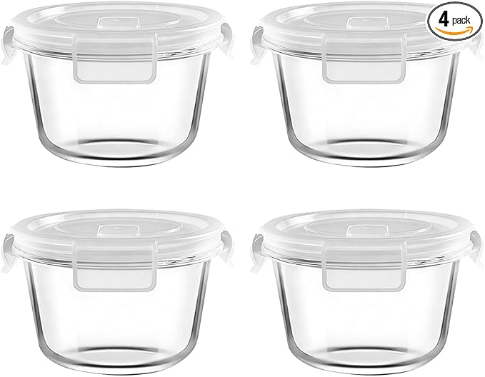 H.JSS WDJS 2 Cup Round Glass Food Storage Containers with Airtight Lids,16oz Round Glass Soup Container, BPA free Small Food Storage Containers for Leftover. Microwave, Freezer, Dishwashe safe-4pack