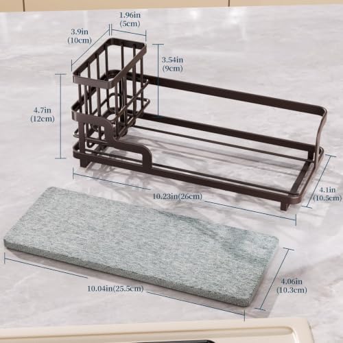 Sponge Holder for Kitchen Sink - Sink Caddy Organizer with Water Absorbing Stone Tray, Detachable Brush Holder, Stainless Steel Kitchen Counter Organizer Rack, Bronze