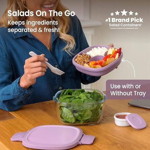 Glass Salad Container with Airtight Lid & Leak-Proof Sauce Cup
