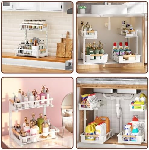 2 Pack Under Sink Organizer, 2 Tier Pull Out Cabinet Organizer with 5-Level Adjustable Height, Sliding Metal Storage Rack for Kitchen Bathroom Pantry, White