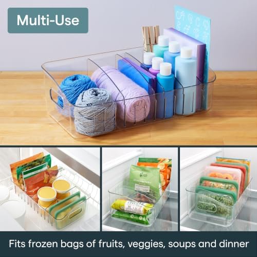 FreezeUp Freezer Bin 15", BPA-Free Clear Fridge Organizer with Adjustable Dividers and Handles for Frozen Food and Leftovers