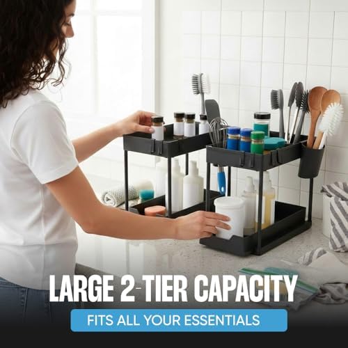 Undersink Organizer, 2-Tier Under Sink Storage Rack with Sliding Drawers for Kitchen Bathroom Cabinets, Pull Out Organizer for Pantry, Laundry Room & Closet Organization - 2 Pack, Black