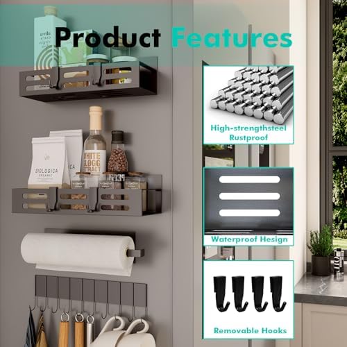 4 Pack Magnetic Spice Rack for Refrigerator with 4-Hook Rack and Paper Towel Holder, Black Magnetic Shelf and Fridge Kitchen Cabinet Organizers Storage Seasoning Organization Mini Shelves.
