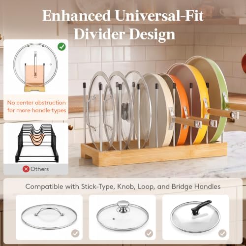 Bamboo Pot Lids Organizer Inside Cabinet, Pan Organizer, 8 Dividers