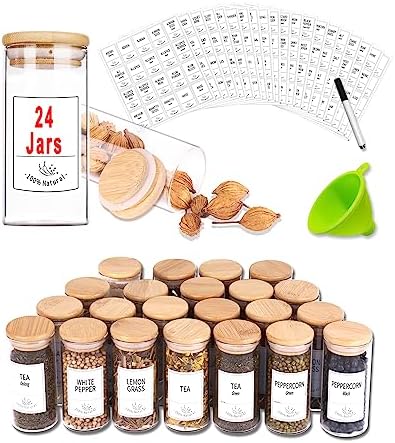 24 Empty Glass Spice Jars with Labels, 4 oz, Bamboo Lids