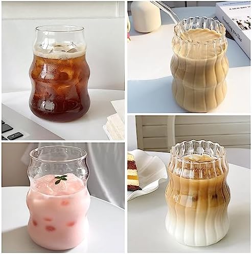 2 Pcs Ribbed Glass Cups 18 Oz Vintage Drinking Glassware Ripple Cocktail Glasses for Iced Coffee Juice Beverage Milk