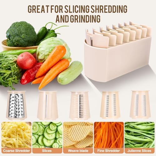 Rotary Cheese Grater with 5 Well-designed Blades & Strong Suction Base, Kitchen Mandoline Vegetable Slicer with Blade Storage Box(Off-white)