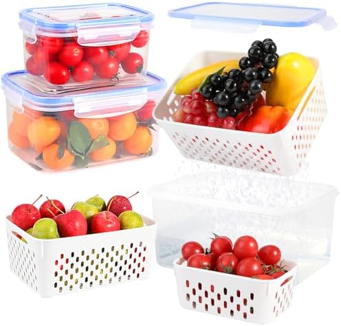 3 Pack Fruit Storage Containers for Fridge, Airtight Food Storage Containers with Removable Colander, Produce Saver Organizers Storage for Refrigerator, Keep Fruit Vegetable Meat Berry Fresh Longer