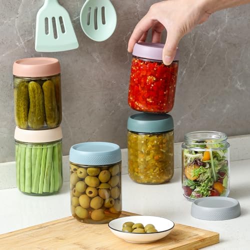 6-pack 16 oz Overnight Oats Containers with Lids, Glass jars with Airtight Lids, Wide mouth Mason Salad jars, Glass Food Storage Containers for Snacks Yogurt Spice Sugar