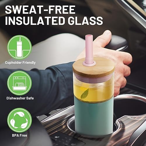 20 oz Vacuum Insulated Glass Tumbler with Lid and Straw - Keeps Drinks Cold for 12 Hrs - Reusable Glass Cup for Iced Coffee, Smoothies & Boba - Sweat & BPA Free, Dishwasher Safe, Fit Car Holder