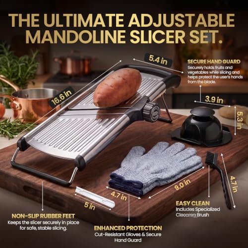 SAFI Mandoline Slicer for Kitchen, Adjustable 3-9mm Stainless Steel Vegetable Slicer with Julienne Blade, Non-Slip Base, Safety Hand Guard, Cut-Resistant Gloves & Brush – Potato, Onion & Fruit Cutter.