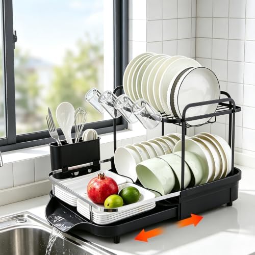 Expandable Dish Rack for Kitchen Counter, 2-Tier Dish Racks, Detachable Large Capacity Dish Drainer Organizer with Auto Drain, Stainless Steel Dish Drainer with Cup & Utensil Holders