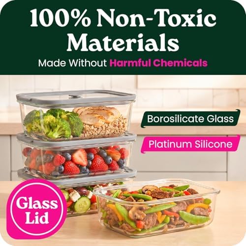 6 Pack Non-Toxic Glass Storage Containers with Glass Lids –27 Oz Borosilicate Glass Meal Prep Containers for Lunch, Airtight Food Storage
