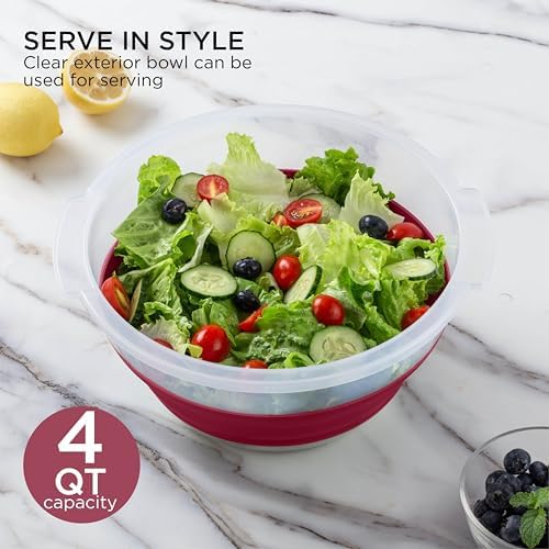 Collapsible Salad Spinner - 4 QT Space Saving Lettuce Dryer with Folding Collapsible Colander Great for Washing and Drying Fruit and Vegetables (Rose)