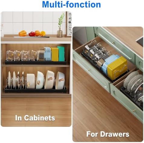 2 Pack Pots and Pans Organizer under Cabinet, 22" Expandable Food Storage Container Lid Organizer with 9 Adjustable Stainless Steel Dividers, ABS Base, Countertop Rack, Black