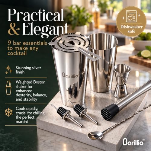 Boston Shaker Set - Stainless-Steel, Weighted, Martini Cocktail Shaker Set w/Strainer & Mixer - Mixology Bartender Kit - Bar Set for the Home - 9-pc Drink Shaker Set - Bar Tools - Silver
