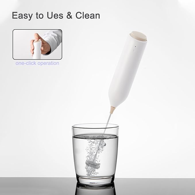 Rechargeable Coffee Frother by ELMWAY, Electric Milk Frother with Charging Stand & Wall Mount, Handheld Drink Mixer, Foam Maker for Coffee, Matcha - White