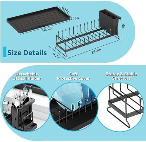 Small Dish Drying Rack - Compact Dish Rack for Kitchen Counter with Silicone Dish Drying Mat, Stainless Steel Dish Drainer for Kitchen Sink Cabinet, Space Saving Plate Rack Cutlery Holder
