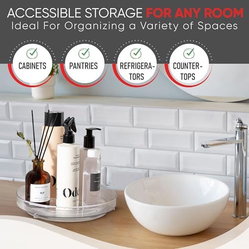 Clear Lazy Susan Turntable Organizer (Pack of 4) 9 Inch Acrylic Rotating Storage for Cabinet, Pantry, Fridge, Bathroom, and Vanity Countertops