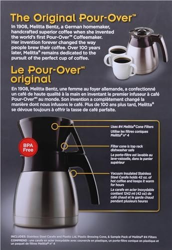 Melitta Pour-Over Coffee Brewer & Stainless Steel Carafe Set with Coffee Filters, 42 Ounce Set