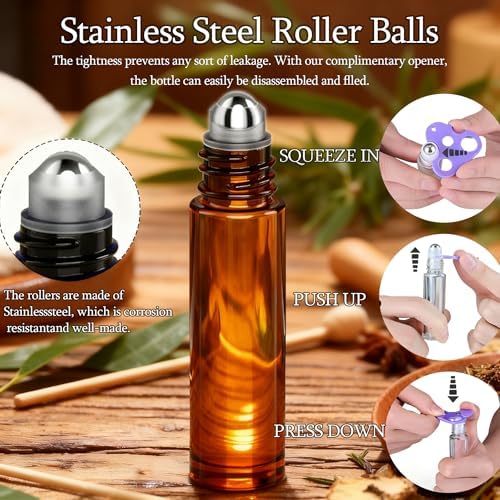 PrettyCare 12-Pack Amber Glass Roller Bottles for Essential Oil with Stainless Steel Roller Ball - 10 ml Refillable Leak-proof Empty Roll on Bottles with Caps for Perfume, DIY, Beauty & Personal Care - Image 2