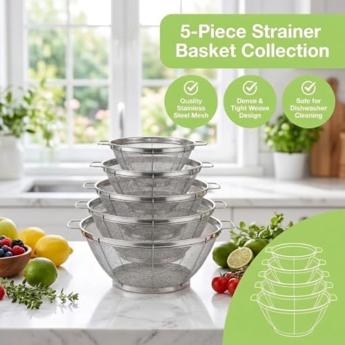 5 Pack Stainless Steel Colander Sieves, Mesh Strainer, 5 Sizes