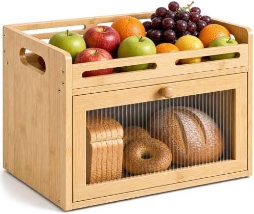 Bread Box for Kitchen Countertop, Bamboo Storage Container with Top Shelf
